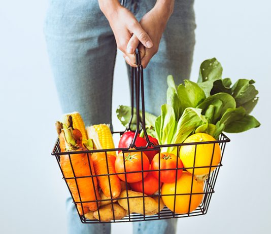A basket of healthy fruits and vegetables